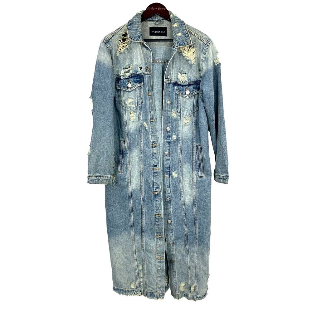 Mustard Seed Women L Destructed Denim Blue Jacket Long Jean Button Up Biker R4